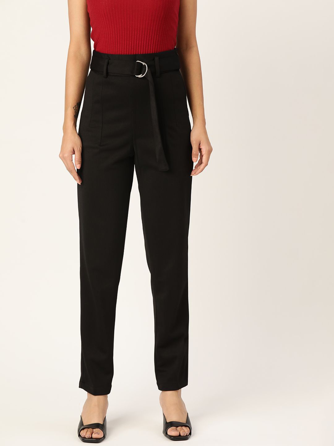 

Zastraa Women Smart Slim Fit High-Rise Trousers, Black