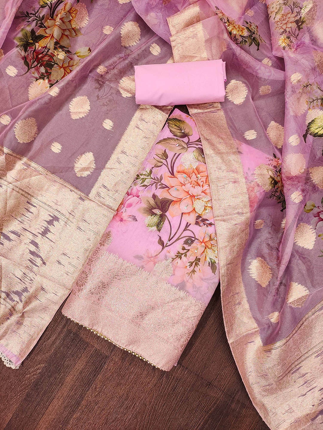 

SHADOW & SAINING Floral Printed Sequinned Organza Unstitched Dress Material, Pink