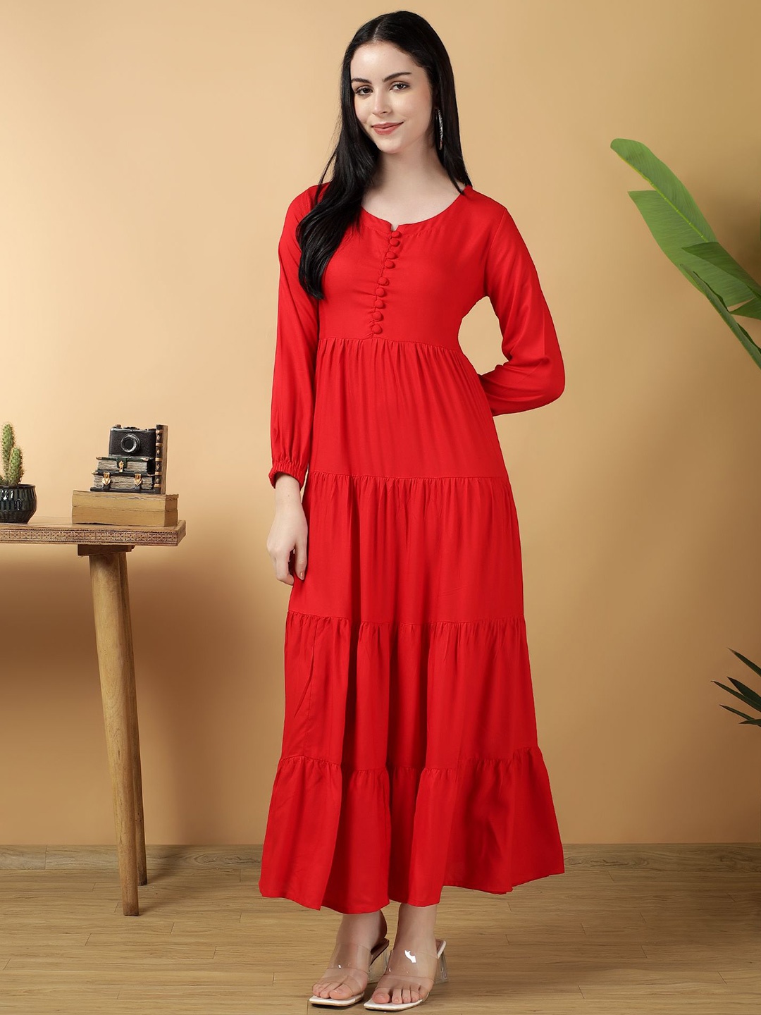 

Bright Nex Women Puff Sleeve Fit & Flare Maxi Dress, Red