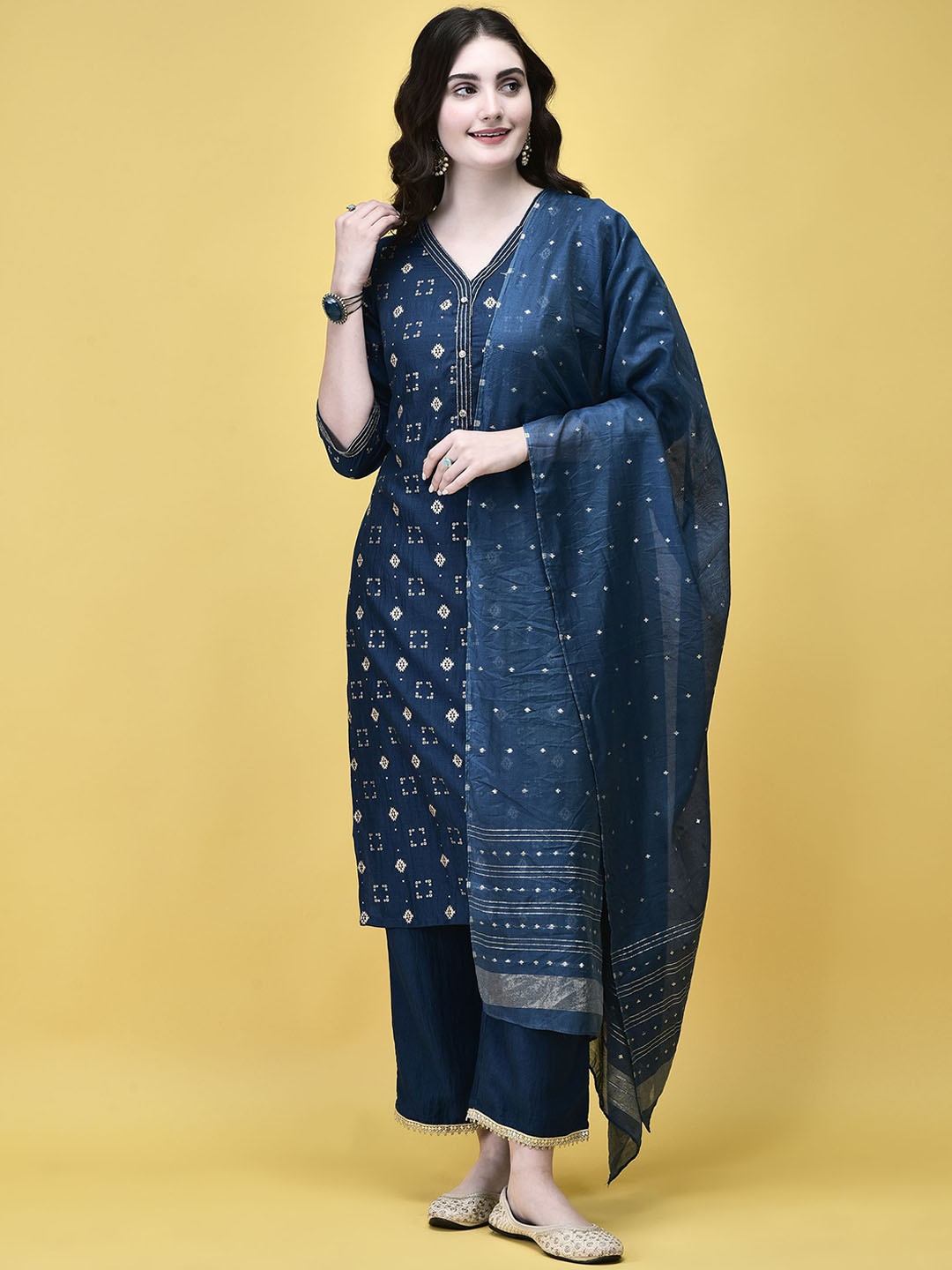

Shree Geometric Printed V-Neck Liva Straight Kurta With Trouser And Dupatta, Navy blue
