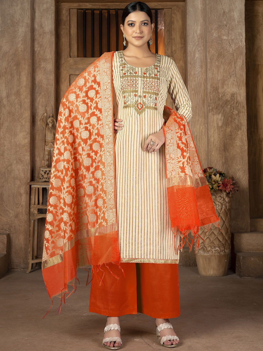 

SHADOW & SAINING Floral Embroidered Pure Cotton Unstitched Dress Material, Beige