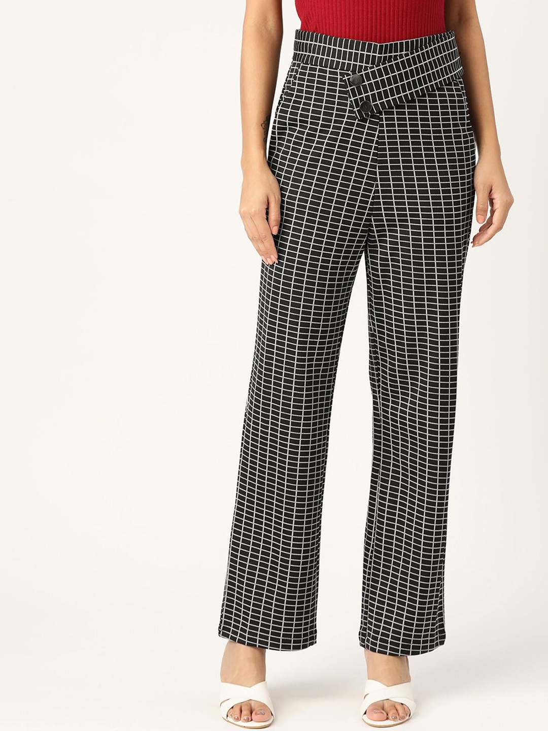 

Zastraa Women Checked Smart High-Rise Trousers, Black