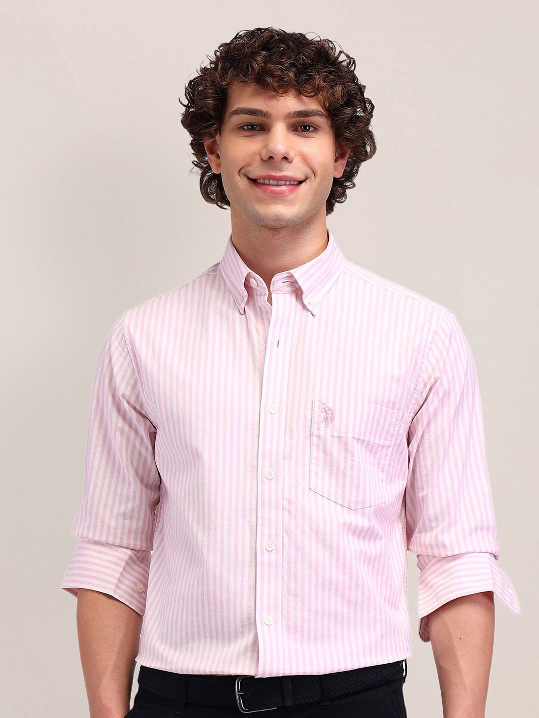 

U.S. Polo Assn. Men Tailored Fit Button-Down Collar Vertical Striped Cotton Casual Shirt, Pink