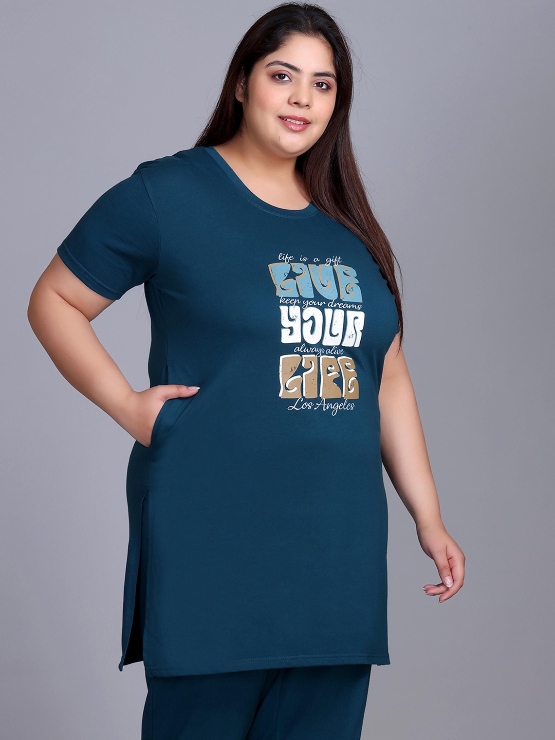 

IN Love Printed Plus Size Cotton Longline Lounge Tshirts, Blue