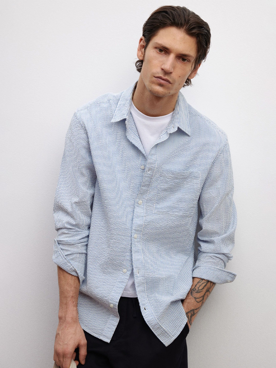 

H&M Loose Fit Seersucker Shirt, Blue