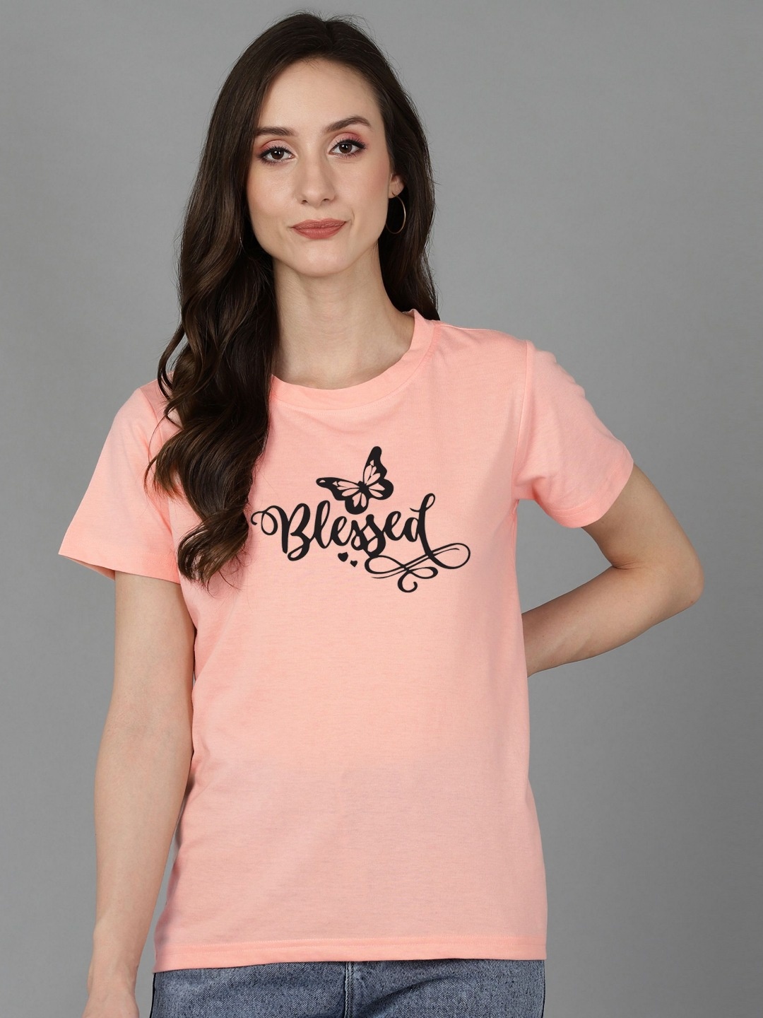 

Adyavastram Blessed Typography Round Neck Cotton T-shirt, Peach