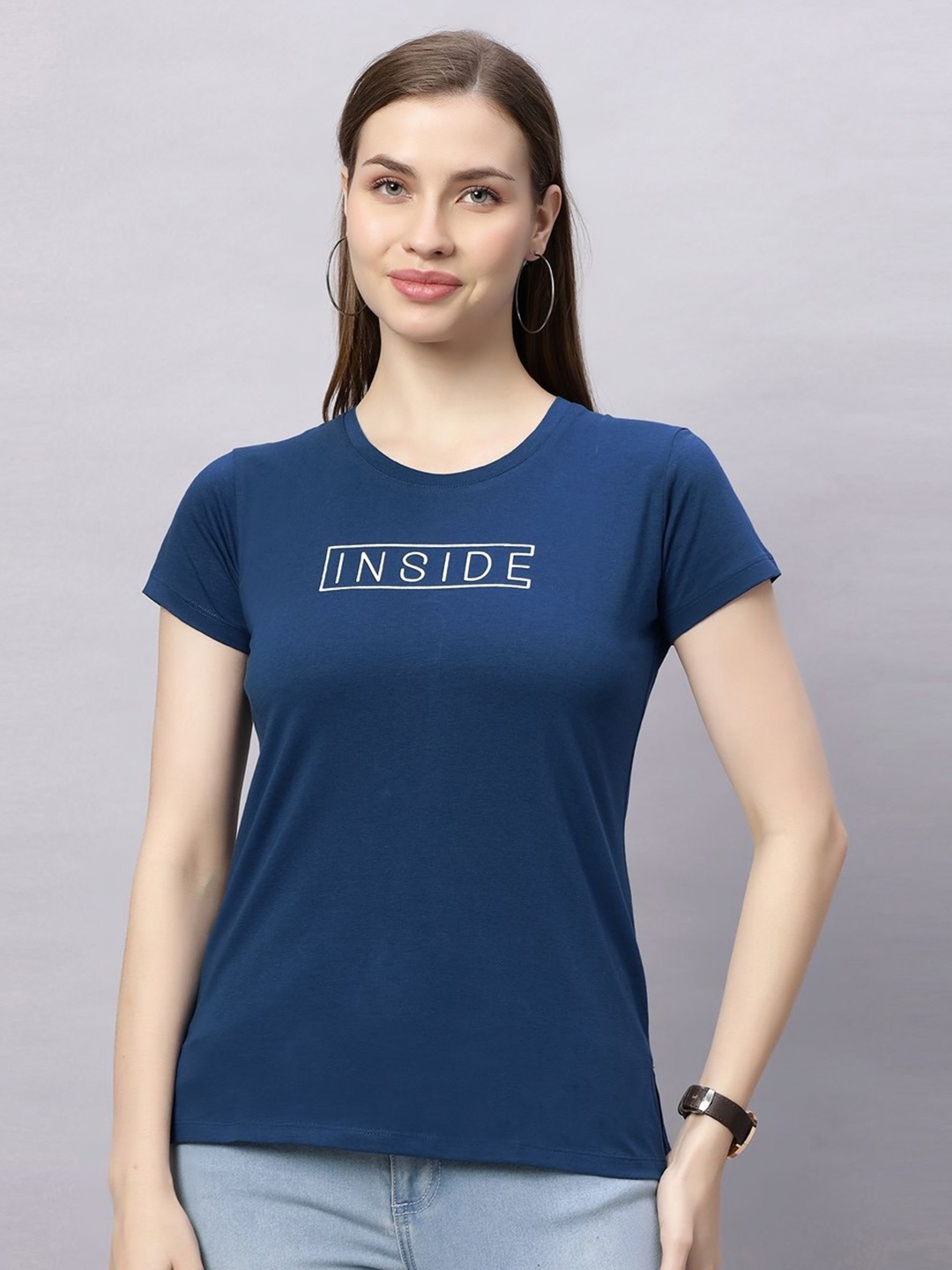 

QUIRA Typography Printed Regular Fit Cotton T-shirt, Blue