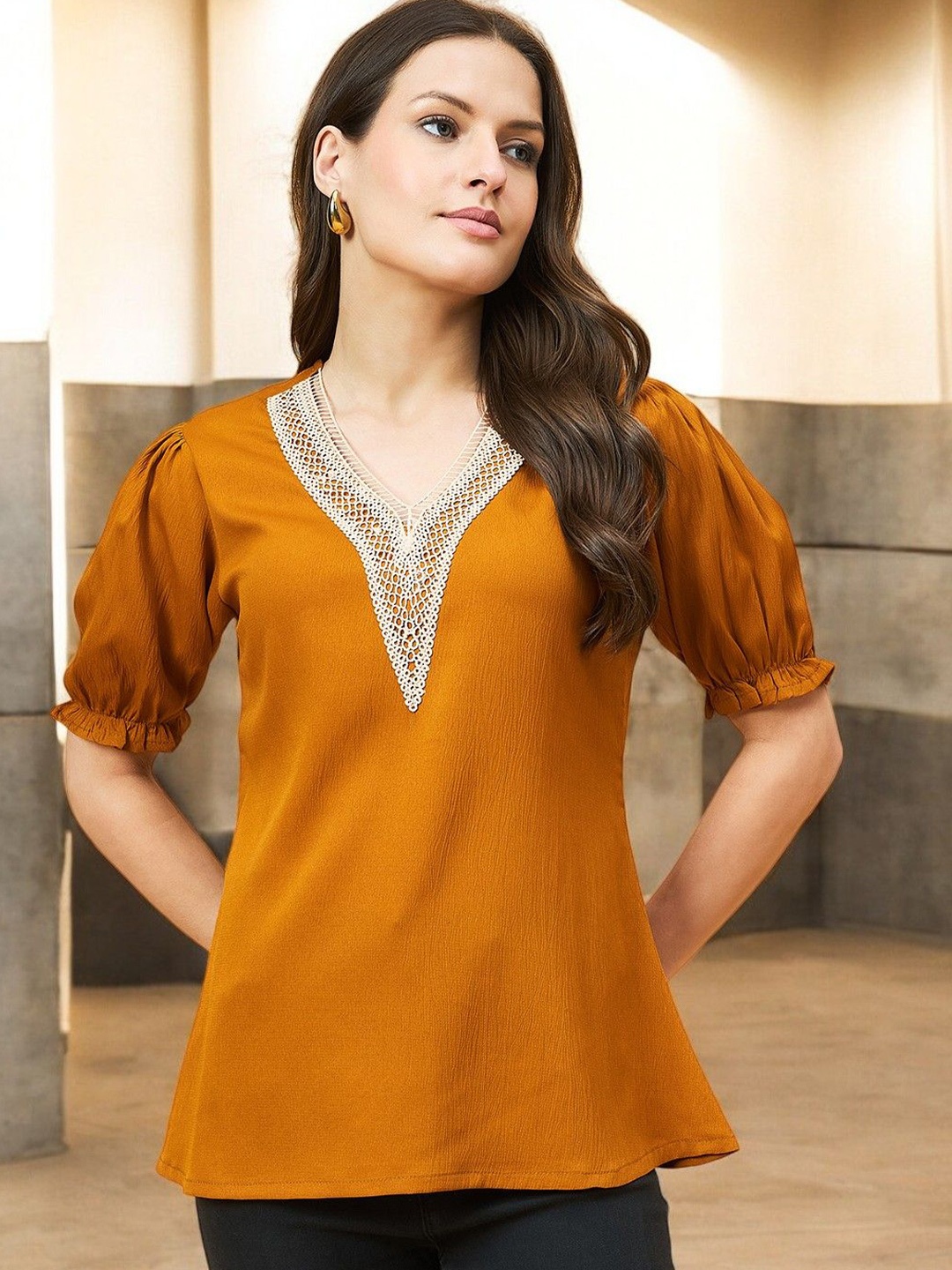

Azira Women V-Neck A-Line Top, Mustard
