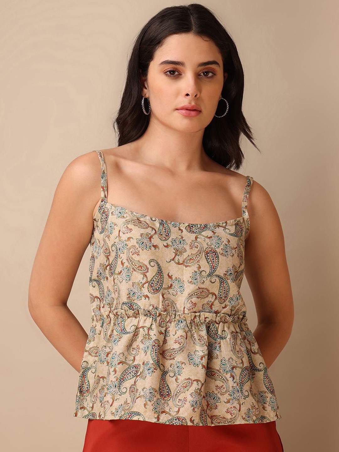

OBSHIVKA Women Paisley Print Shoulder Straps Sleeveless Cotton Empire Top, Olive