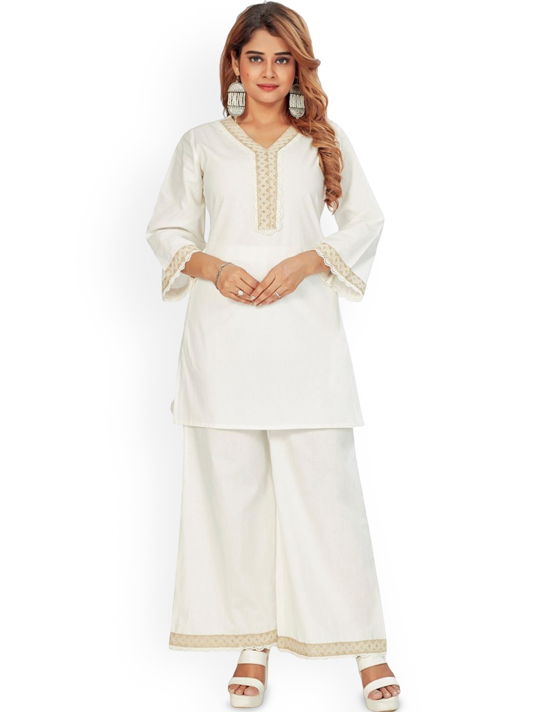 

Amchoor Embroidered V Neck Tunic With Palazzos, Off white