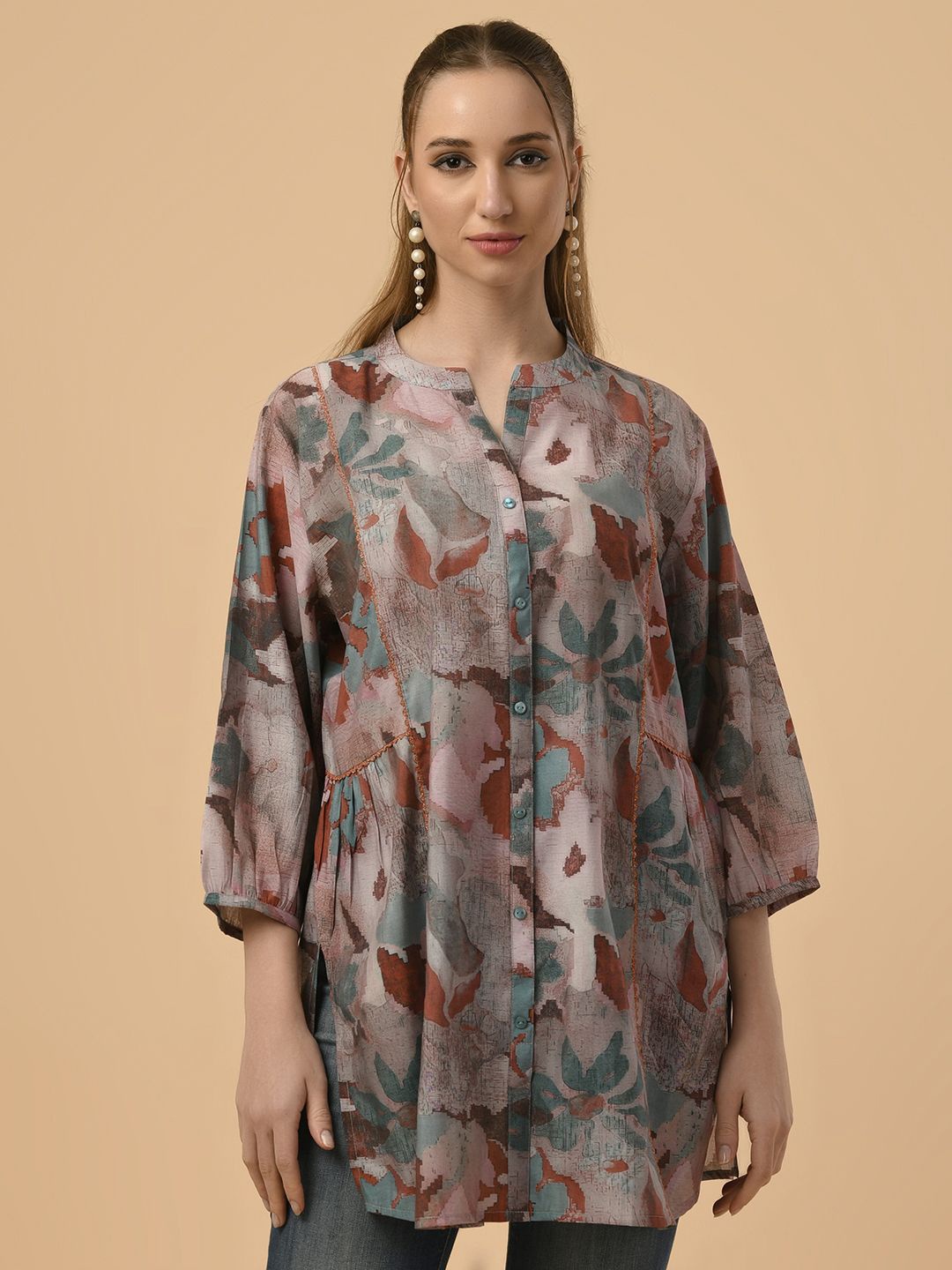 

Albion By CnM Women Printed Mandarin Collar Three-Quarter Sleeves Blouson Top, Grey