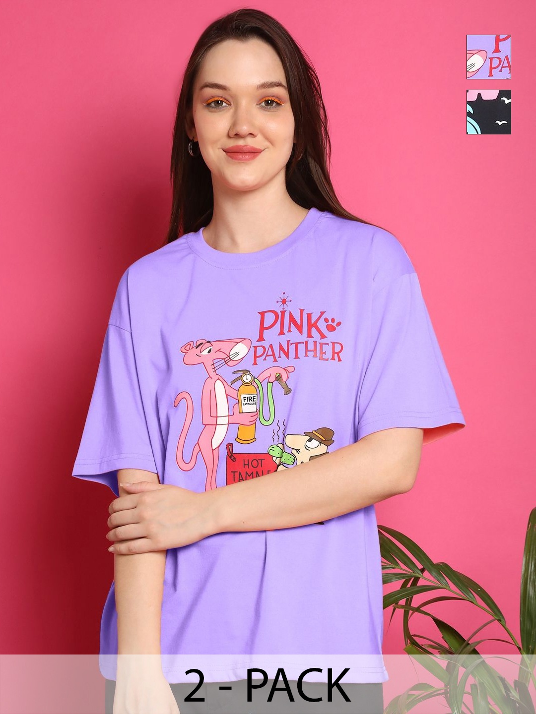 

Tromko Women Pack of 2 Pink Panther Graphic Printed Round Neck Cotton Oversized T-shirts, Lavender