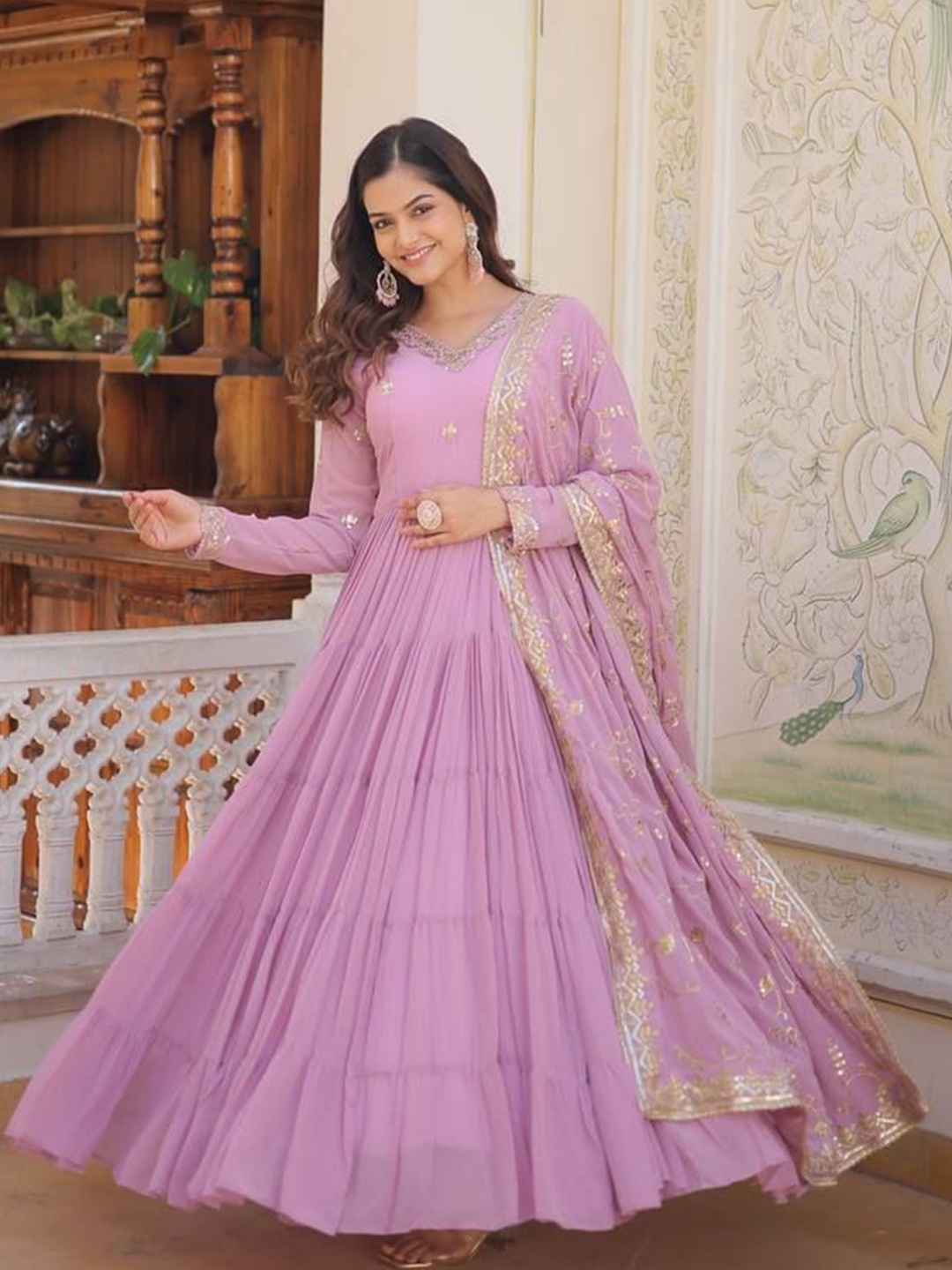 

ZIBLON Women Rich Sequins Embroidered Work Gown With Dupatta, Purple