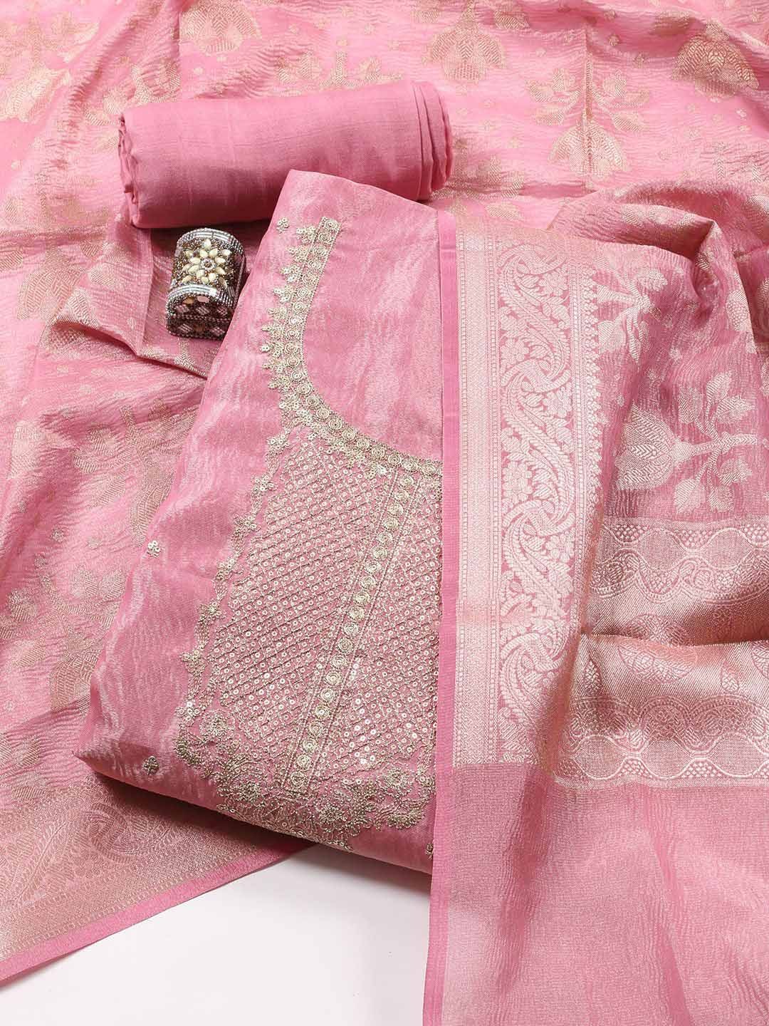 

Meena Bazaar Floral Embroidered Sequinned Tissue Unstitched Dress Material, Pink