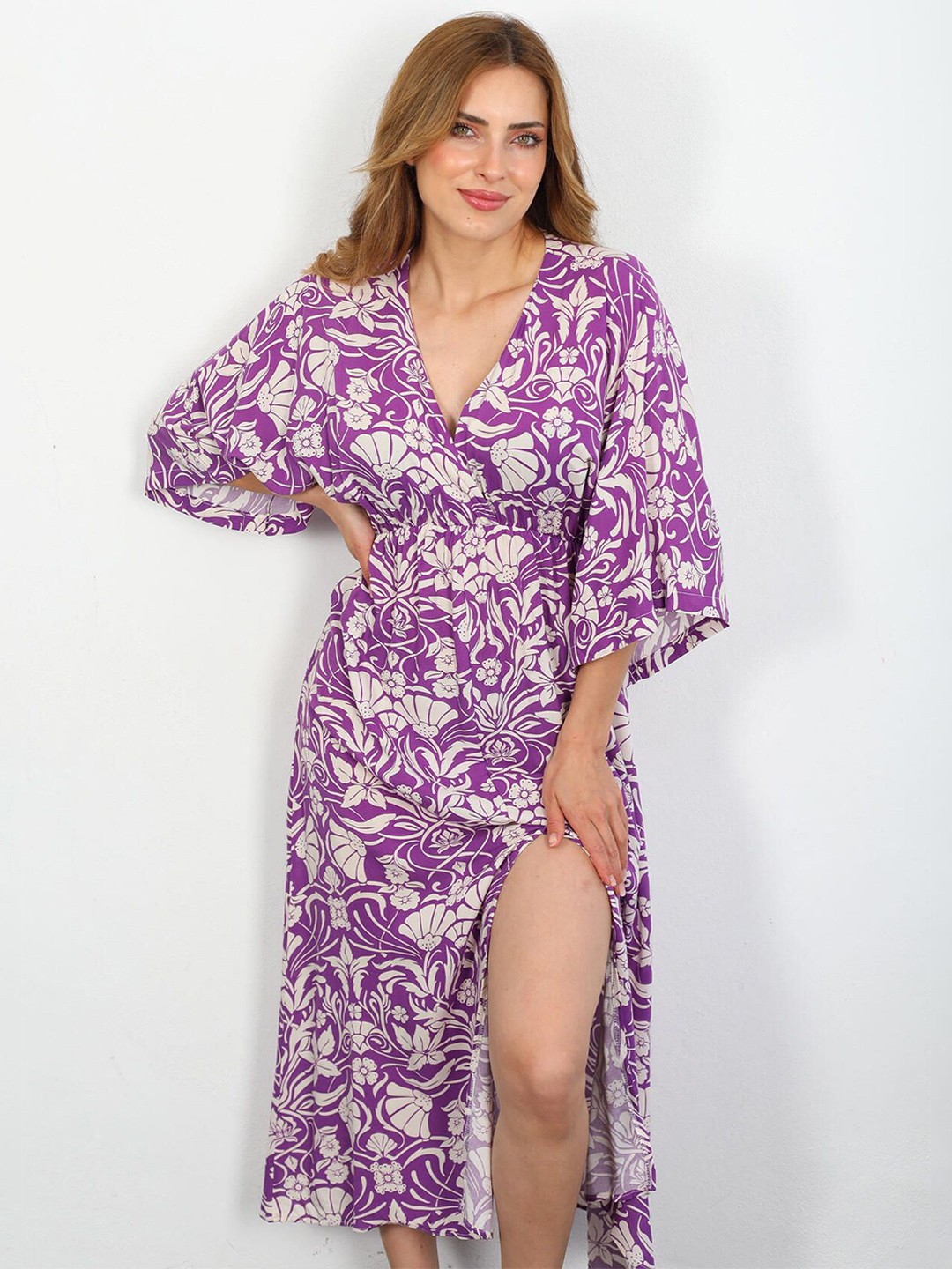 

PIMU Women Floral Printed Flared Sleeve Wrap Midi Dress, Purple
