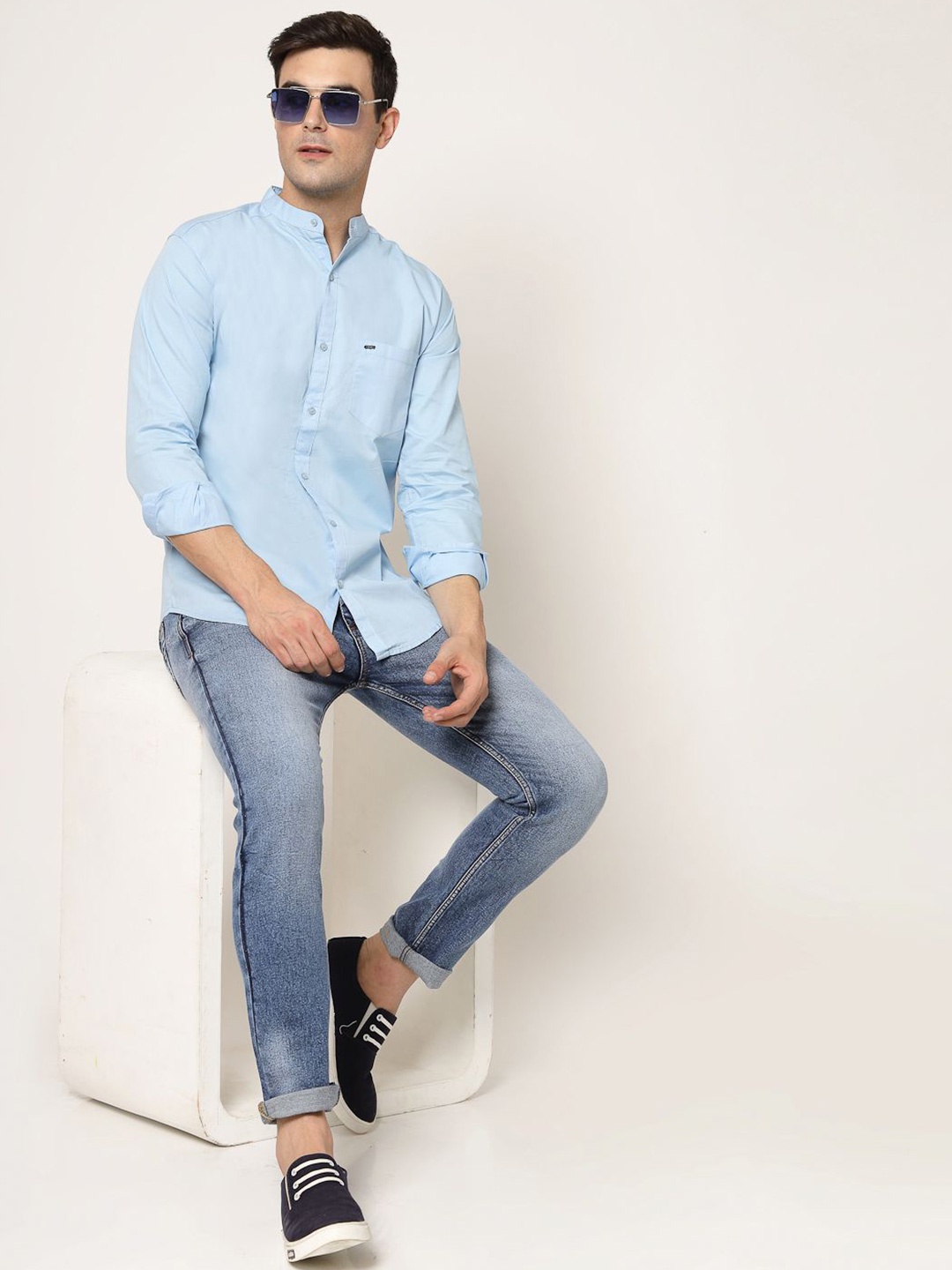 

Metronaut Classic Mandarin Collar Long Sleeves Cotton Shirt, Blue