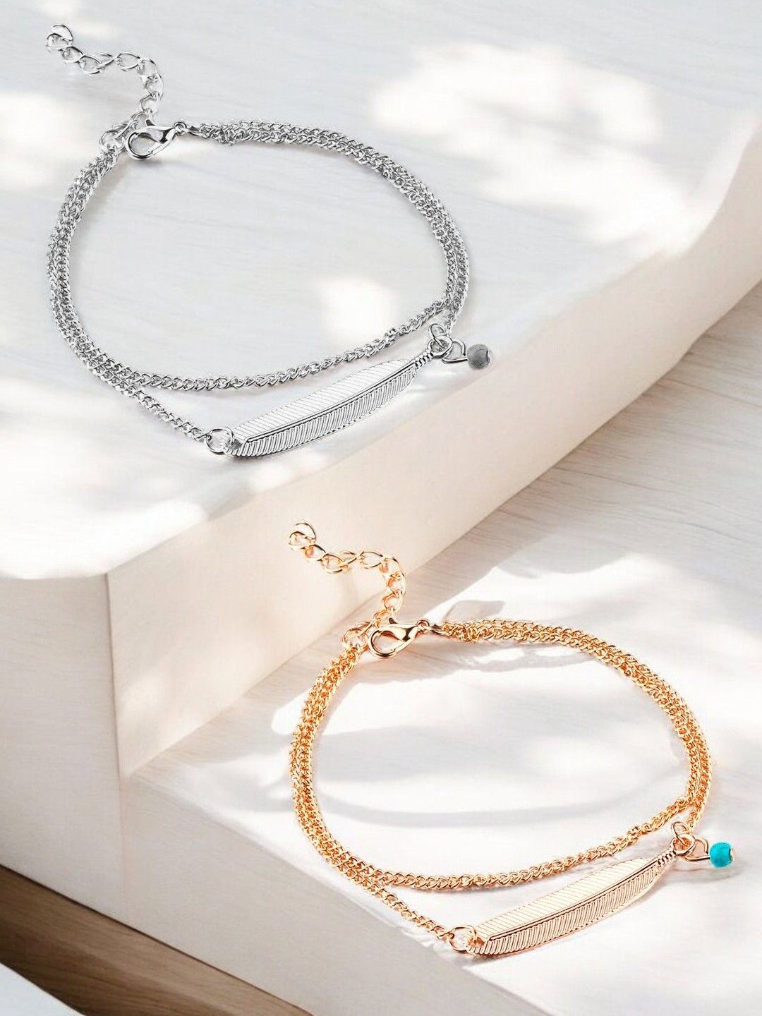 

DressBerry Set of 2 Bohemian Leaf Anklets, Silver