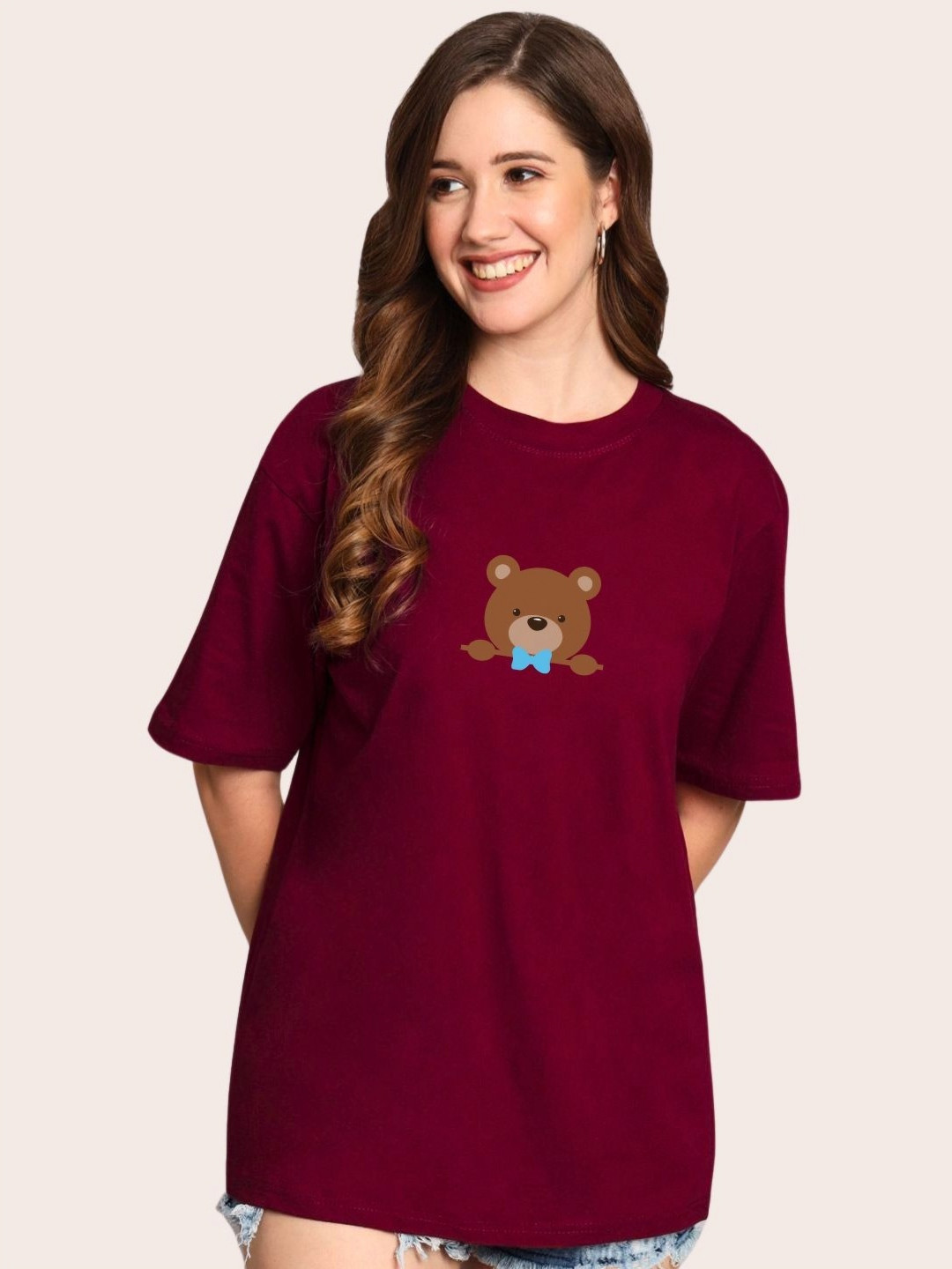 

URBANICE Graphic Printed Drop-Shoulder Sleeves Cotton Oversized T-shirt, Maroon