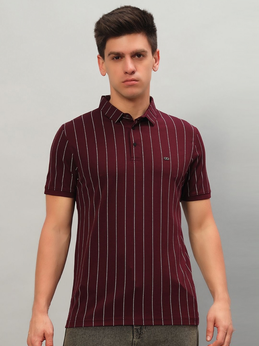 

PROFY Men Striped Polo Collar Cotton T-shirt, Maroon