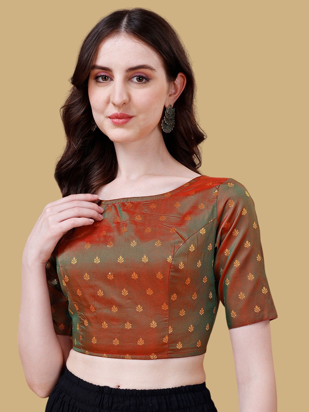 

Oomph! Women Woven Design Jacquard Traditional Saree Blouse, Brown