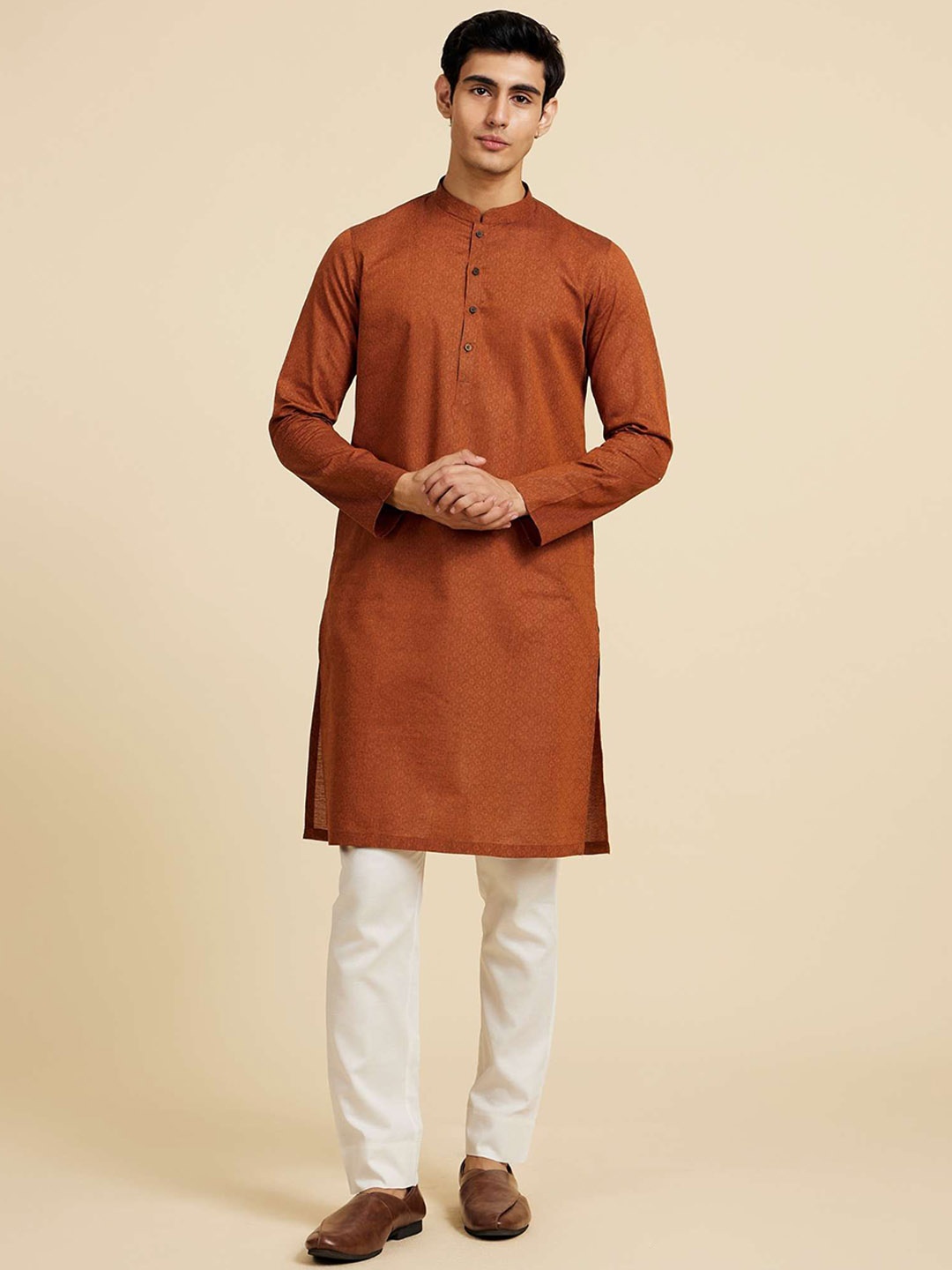 

Diwas by Manyavar Woven Design Mandarin Collar Straight Kurta, Brown