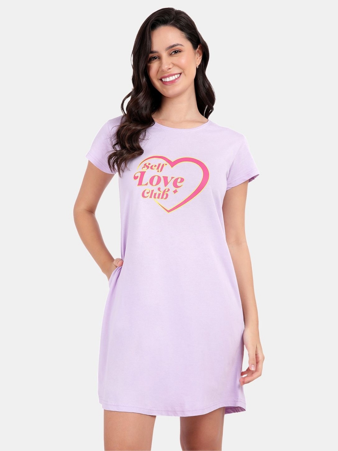 

SNAPPY B Typography Printed Round Neck Cotton Long T-shirt, Lavender
