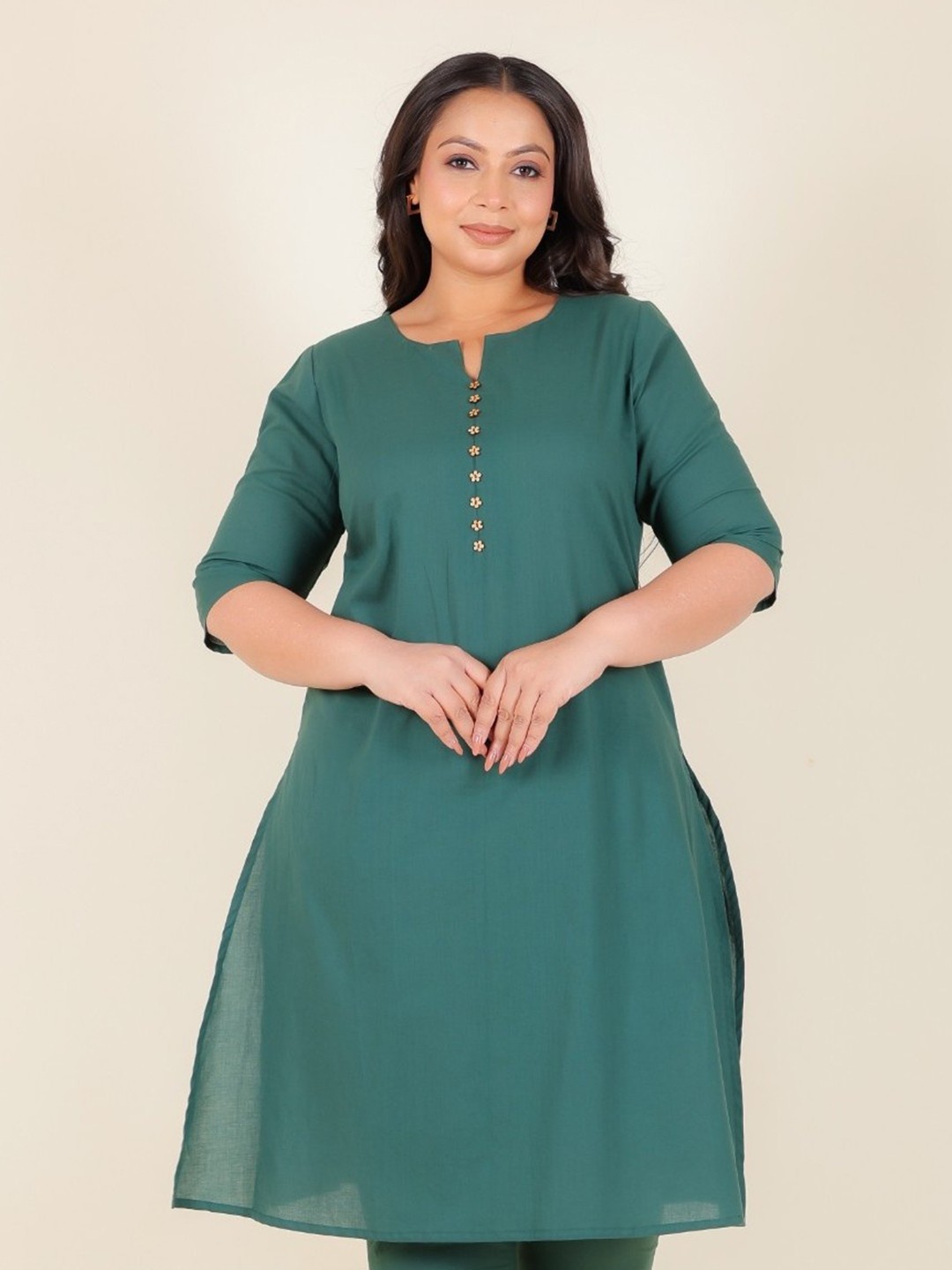 

Aramya Notch Neck Pure Cotton A-Line Kurta, Green