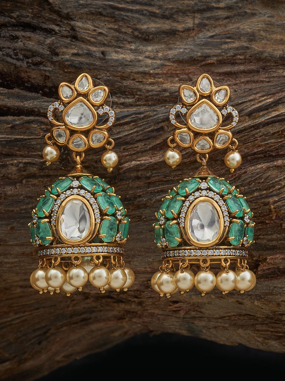 

Kushal's Fashion Jewellery Victorian-Plated Dome Shaped Kundan Jhumkas Earrings, Green