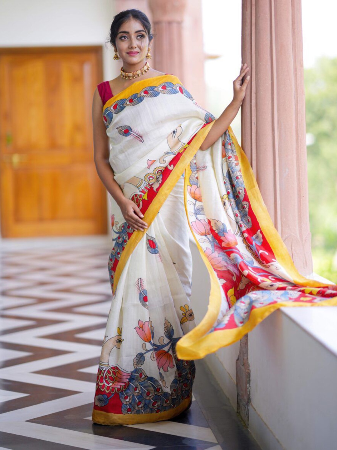 

ORUS Ethnic Motifs Printed Pure Cotton Saree, White