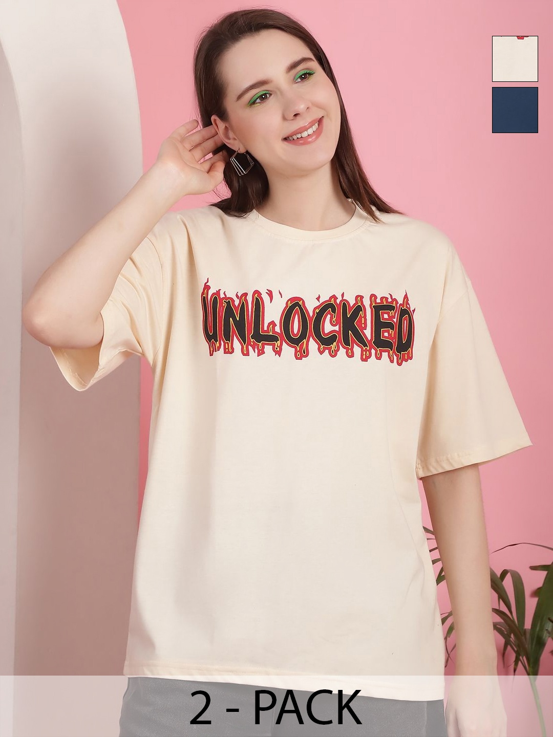 

Tromko Women Pack of 2 Graphic Printed Round Neck Cotton Oversized T-shirts, Cream