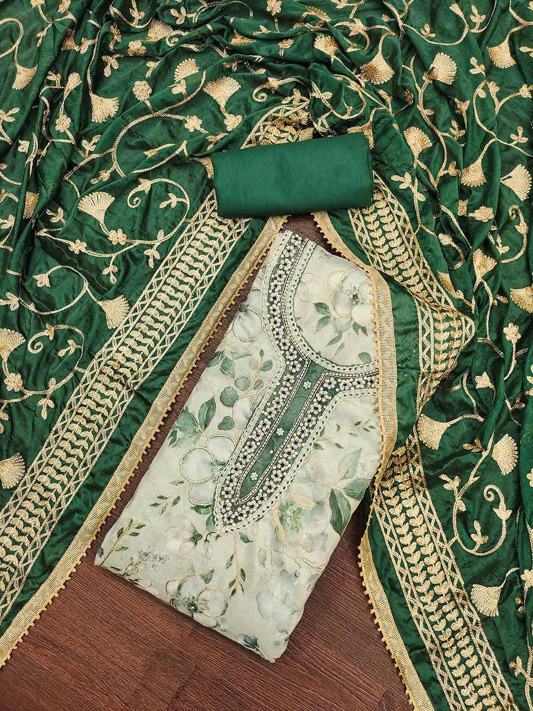 

SHADOW & SAINING Floral Printed Zari Work Semi-Stitched Dress Material, Sea green