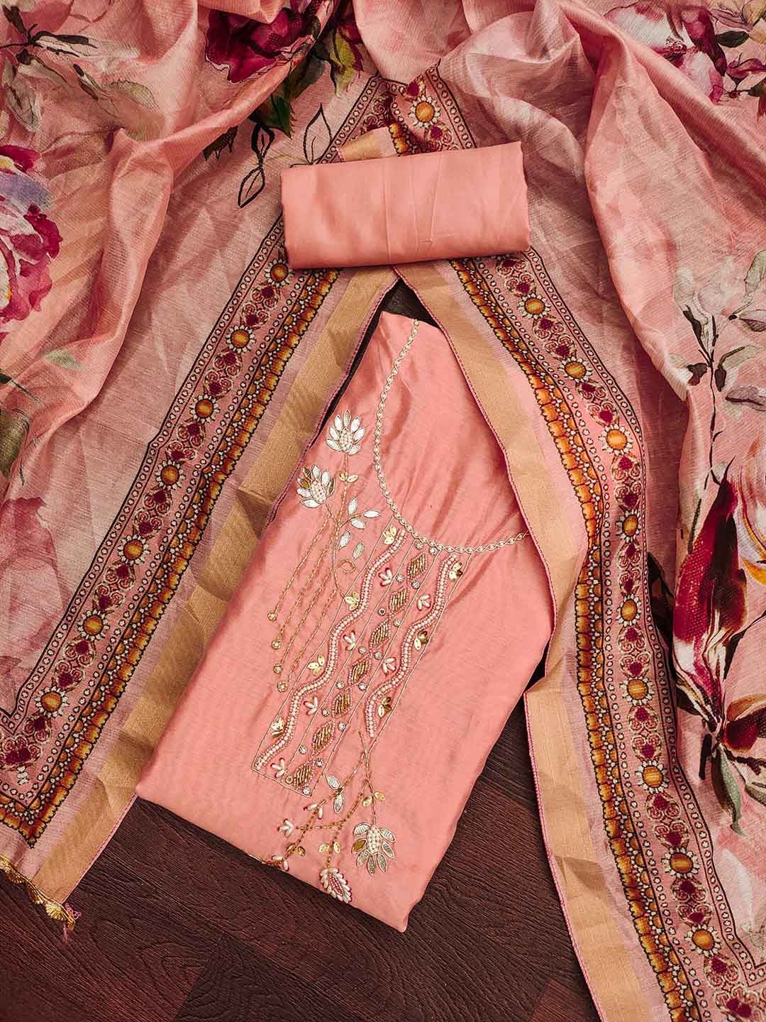 

SHADOW & SAINING Embroidered Semi-Stitched Dress Material, Peach