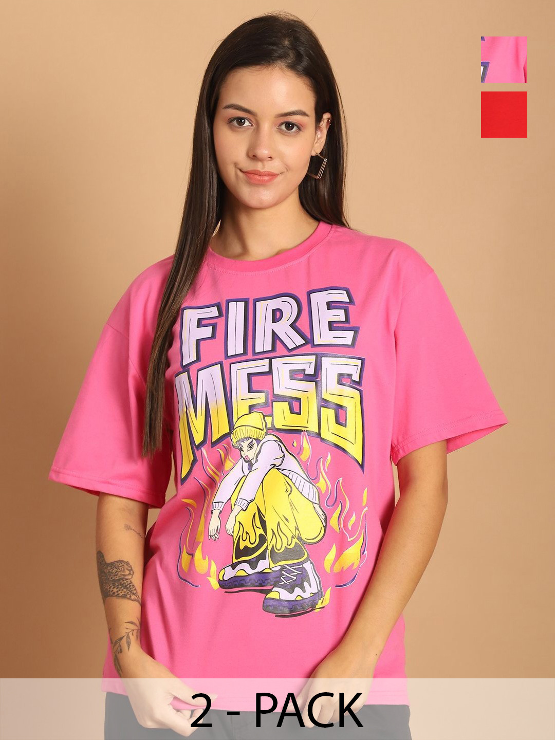 

Tromko Women Pack of 2 Graphic Printed Round Neck Cotton Oversized T-shirts, Pink