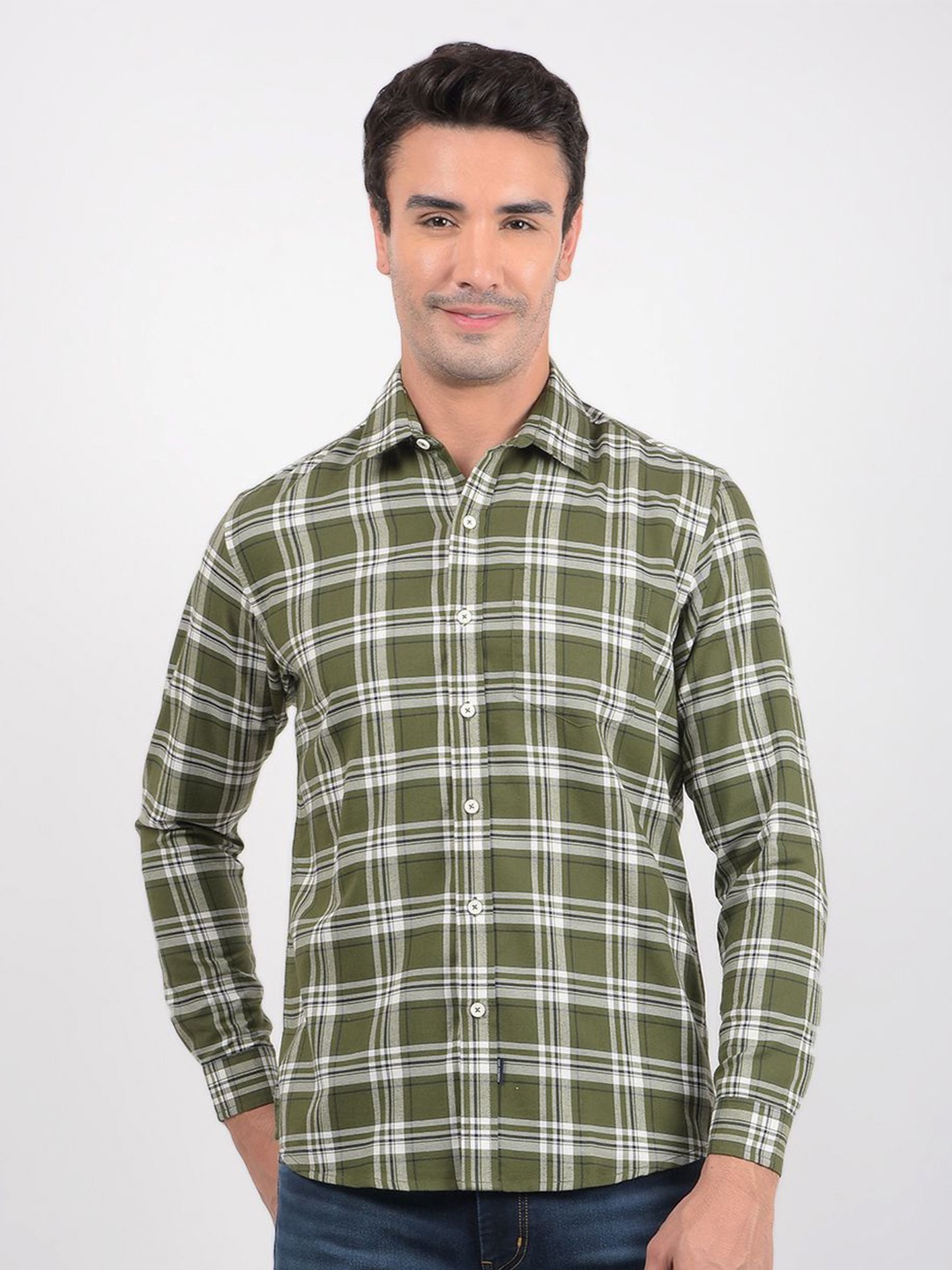 

Numero Uno Men Spread Collar Tartan Checked Cotton Casual Shirt, Olive