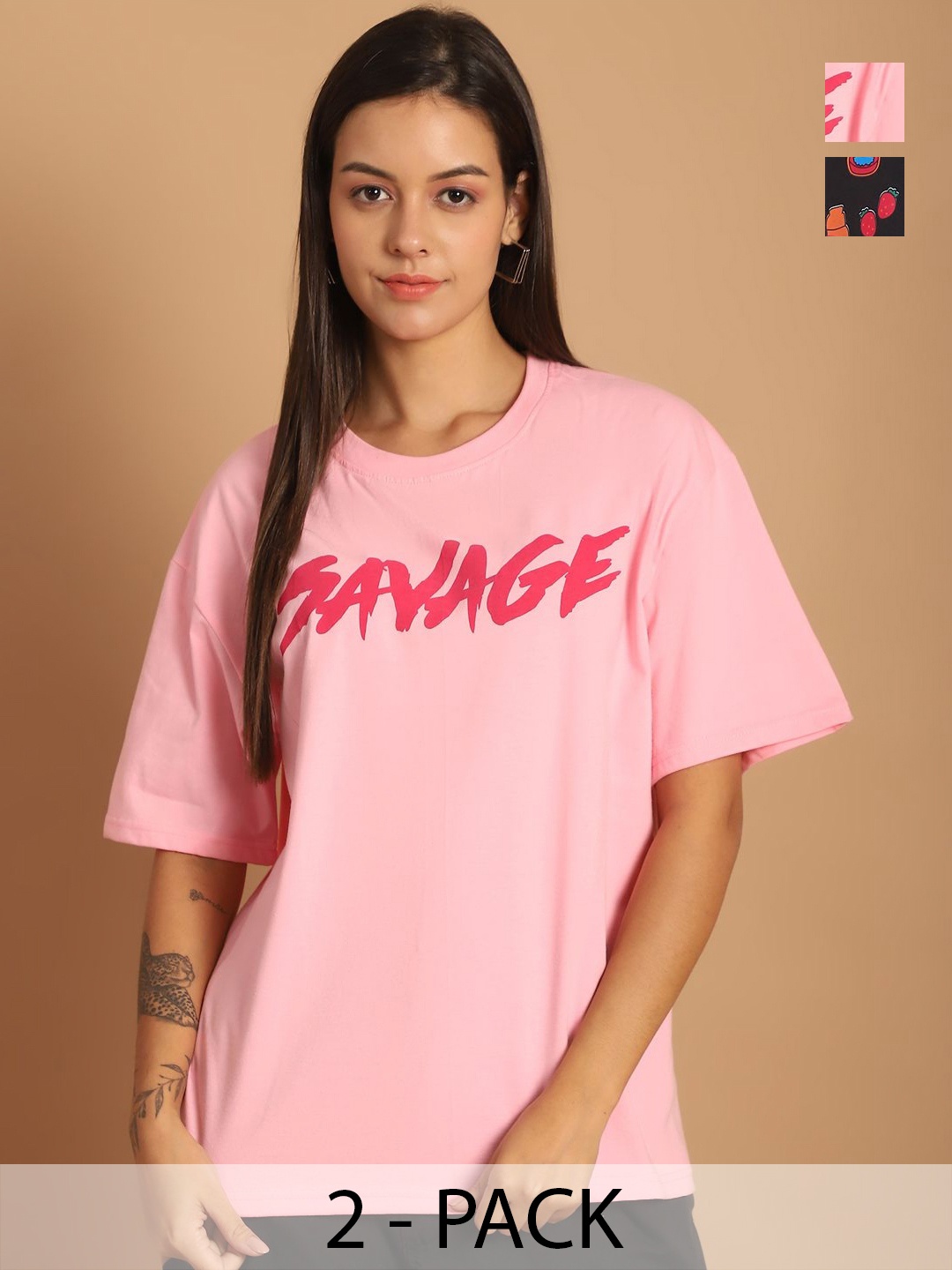 

Tromko Women Pack of 2 Graphic Printed Round Neck Cotton Relaxed Fit T-shirts, Pink