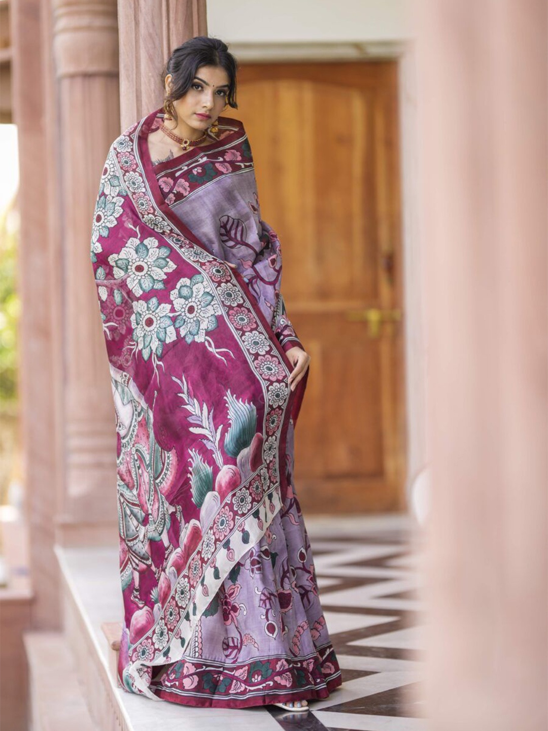 

ORUS Ethnic Motifs Printed Pure Cotton Saree, Burgundy