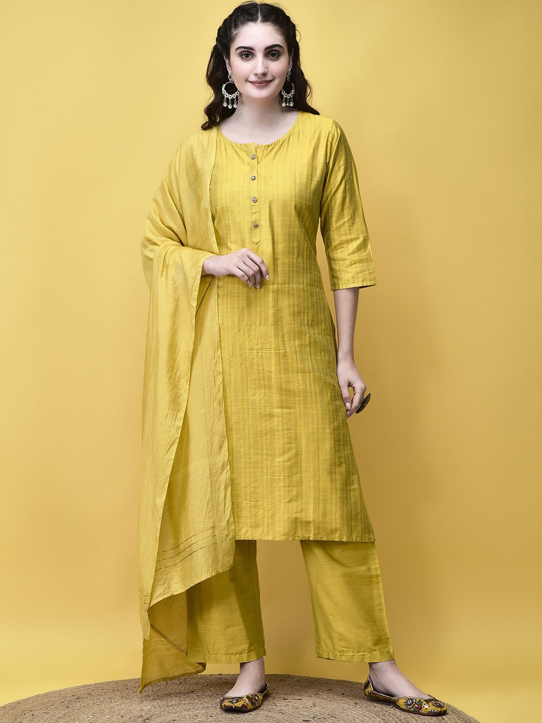 

Shree Striped Round Neck Straight Kurta With Trouser And Dupatta, Mustard