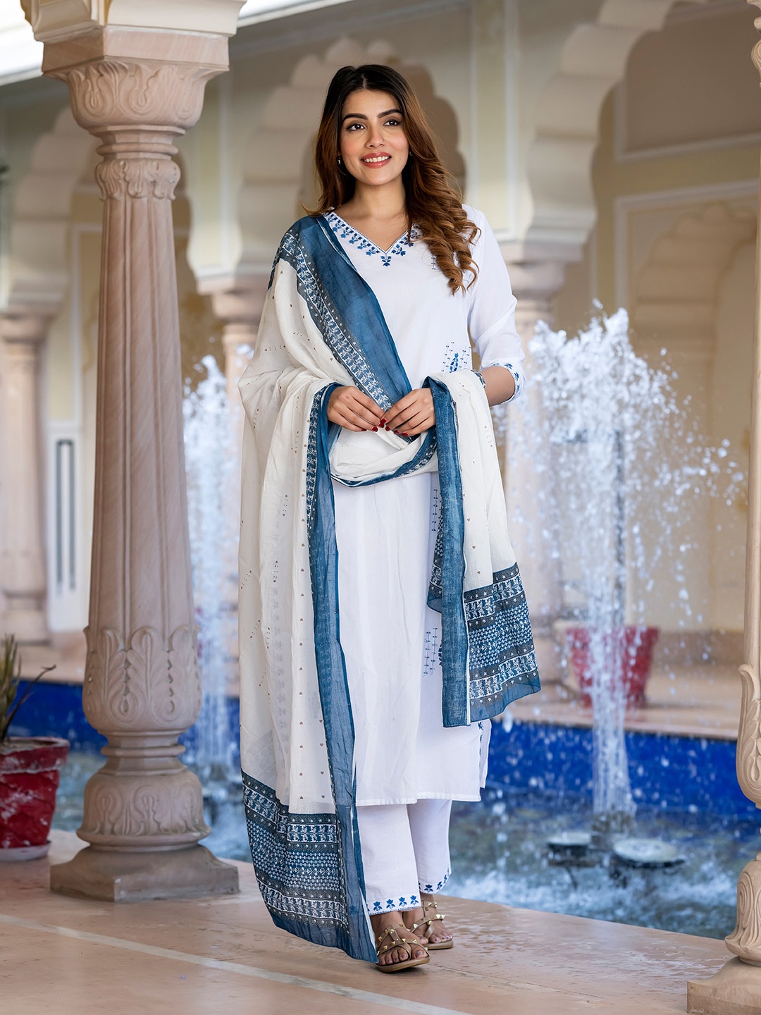 

KALINI Embroidered V-Neck Sequinned Pure Cotton Kurta With Trousers And Dupatta, White