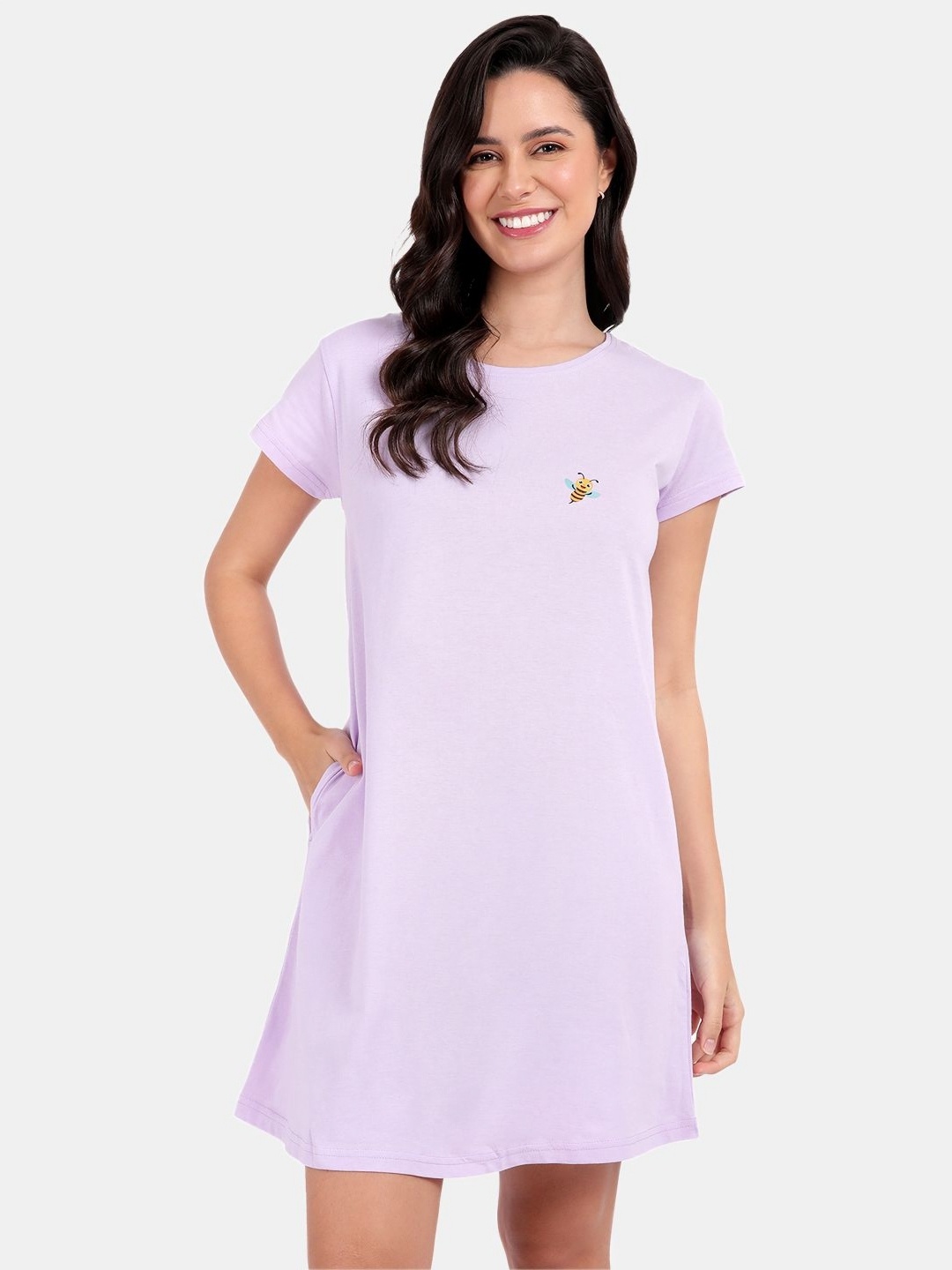 

SNAPPY B Bee Printed Round Neck Cotton Long T-shirt, Lavender