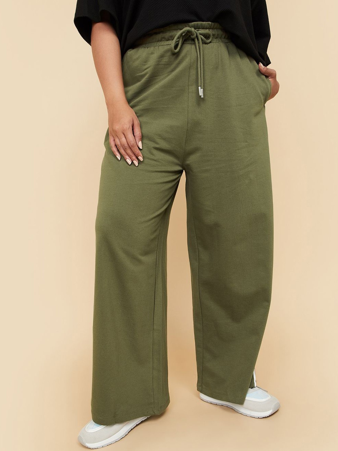 

max Women Cotton Side Striped Pure Cotton Wide-Leg Track Pants, Green