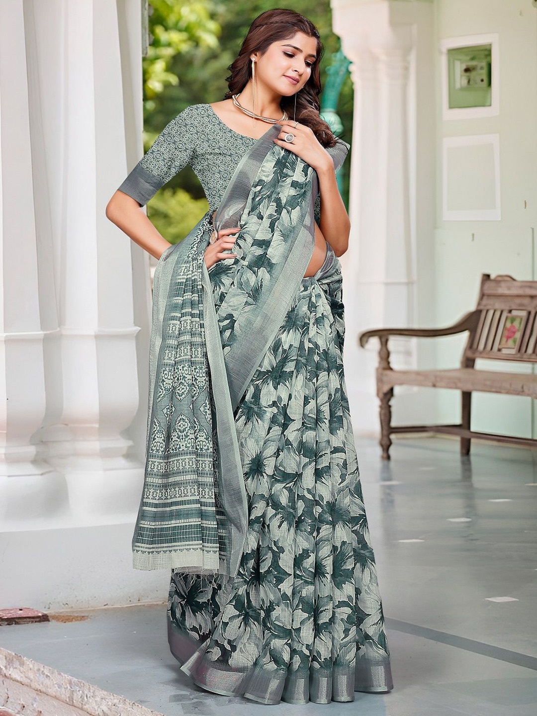 

ORUS Floral Zari Pure Cotton Saree, Green