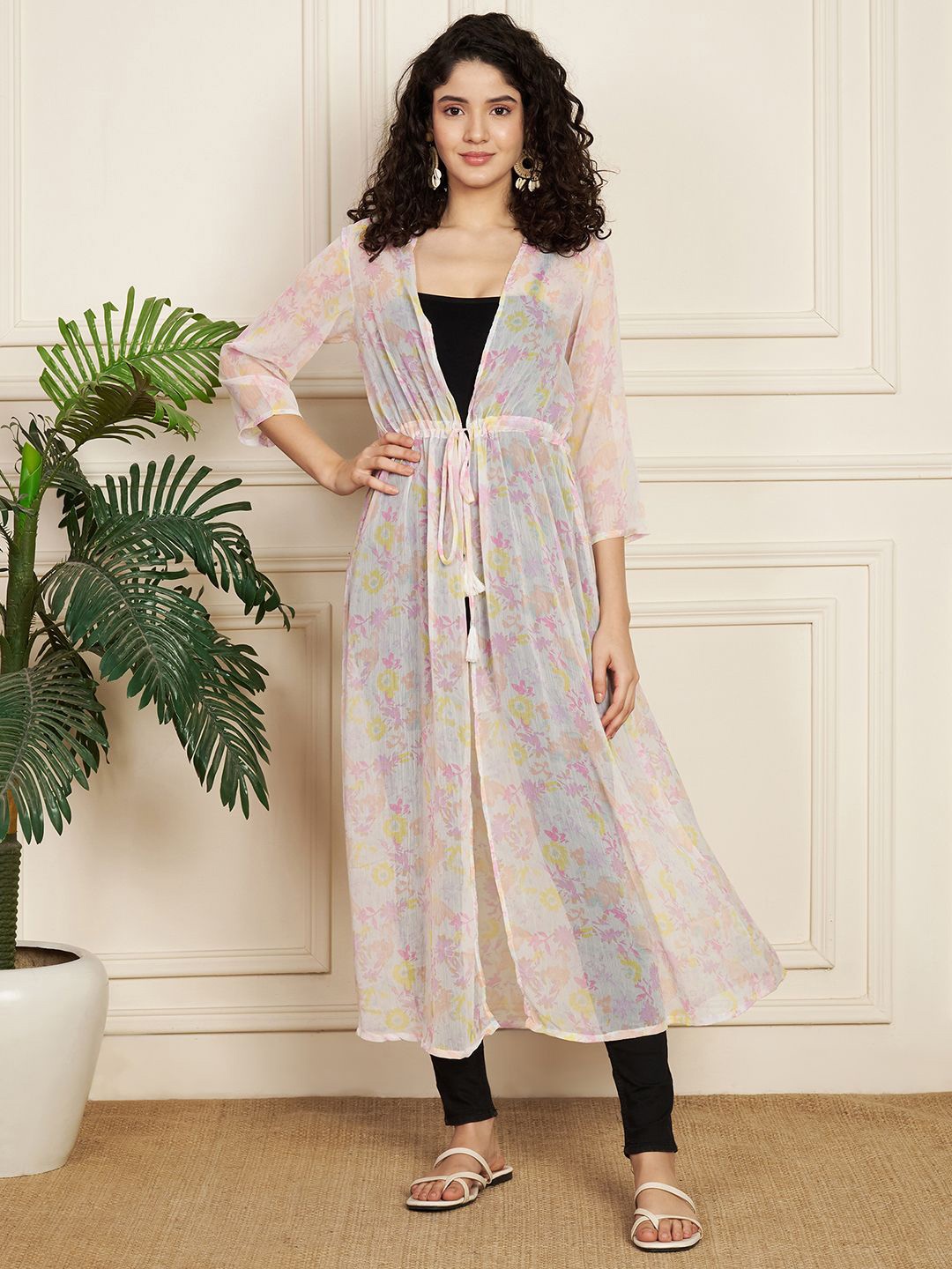 

Fbella Floral Printed Longline Tie-Up Shrug, White