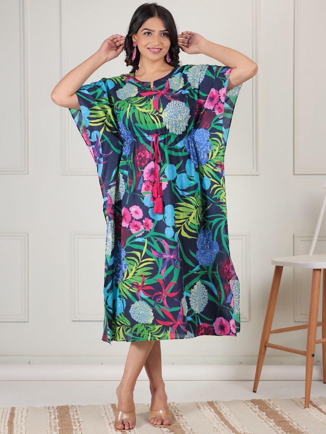 

Aramya Floral Printed Kimono Sleeve Cotton A-Line Midi Dress, Blue