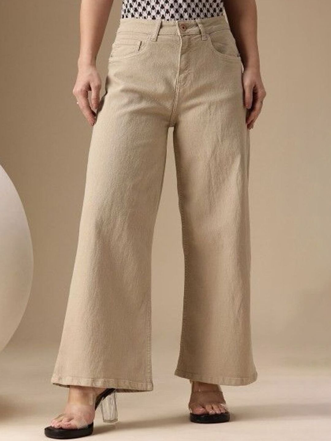 

1DAYJEANS Women Wide Leg High-Rise Stretchable Jeans, Cream