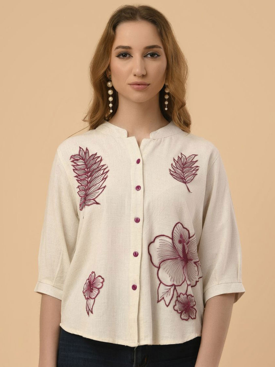 

Albion By CnM Women Mandarin Collar Cotton High-Low Top, Cream