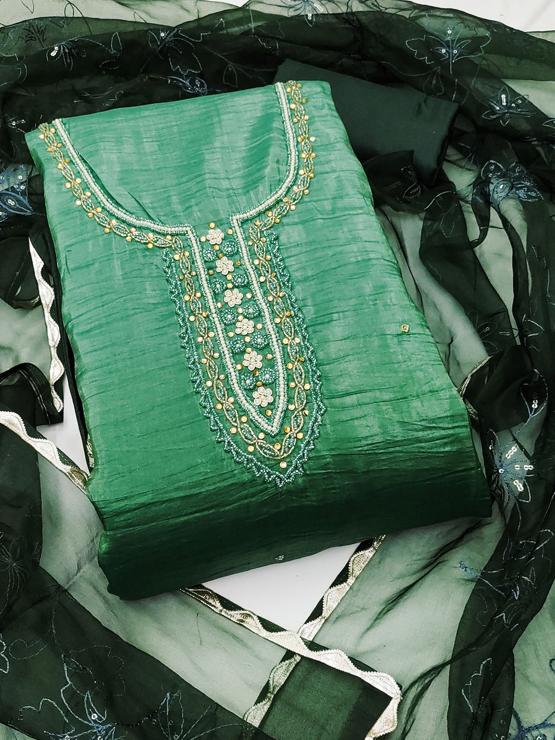 

SHADOW & SAINING Embellished Pure Silk Semi-Stitched Dress Material, Green