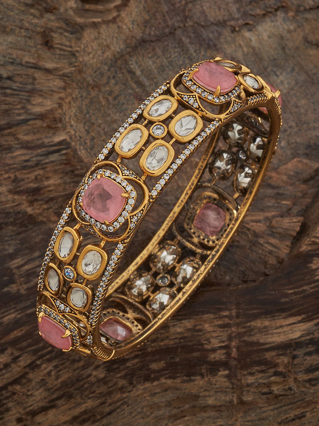 

Kushal's Fashion Jewellery Pink Victorian-Plated Ethnic Kundan Bangle, Gold