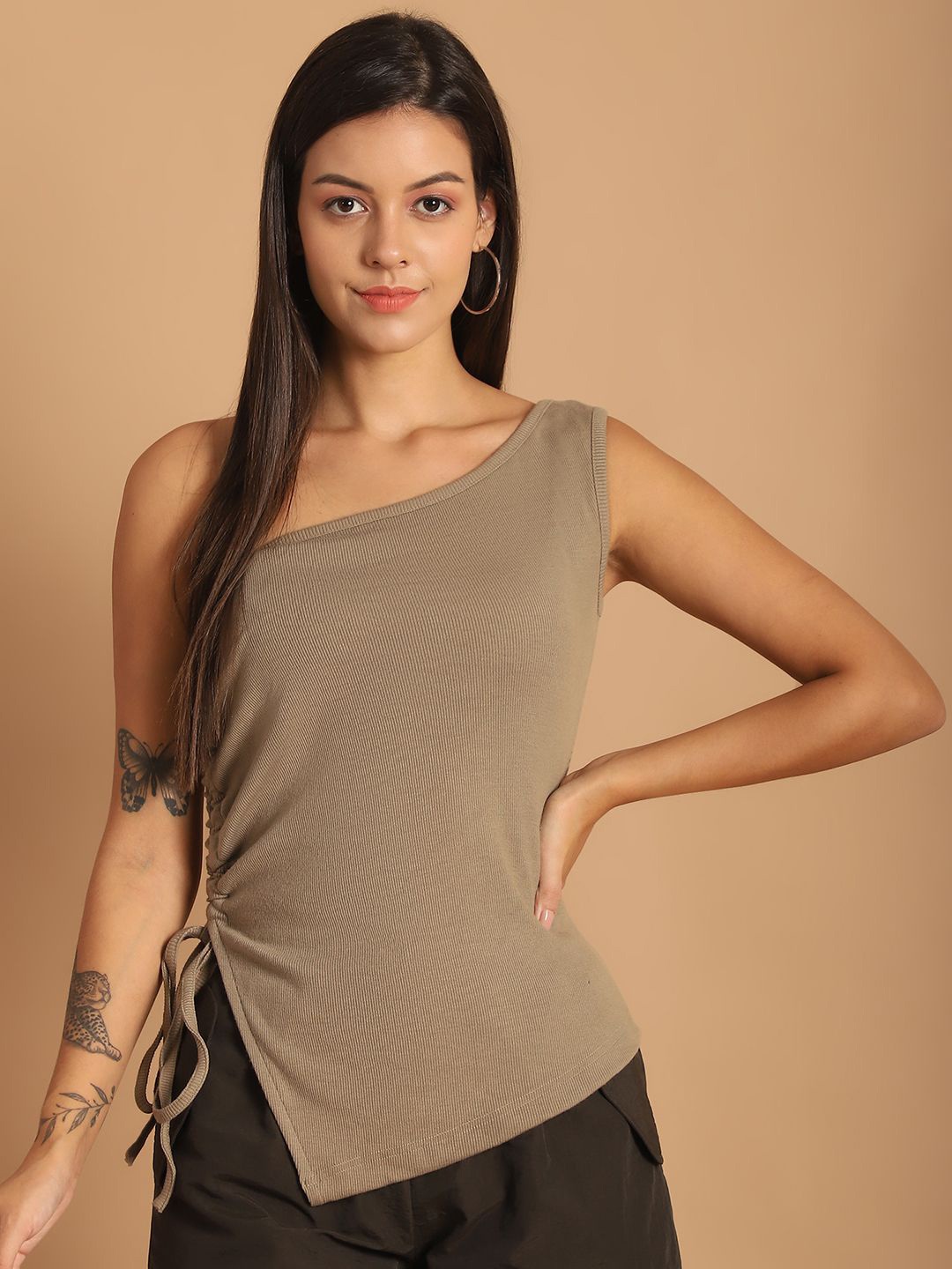 

JAKANARY Women Ribbed One Shoulder Sleeveless Top, Coffee brown