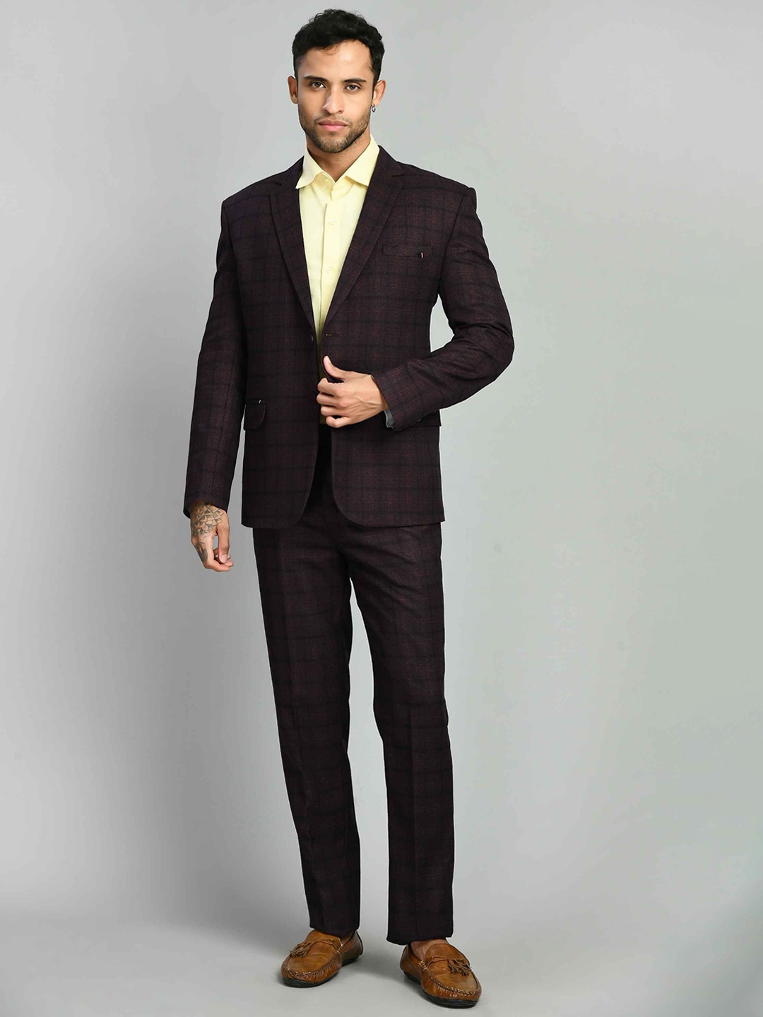 

SQUIREHOOD Men Checked Tailored Fit Single-Breasted 2 Piece Suits, Purple