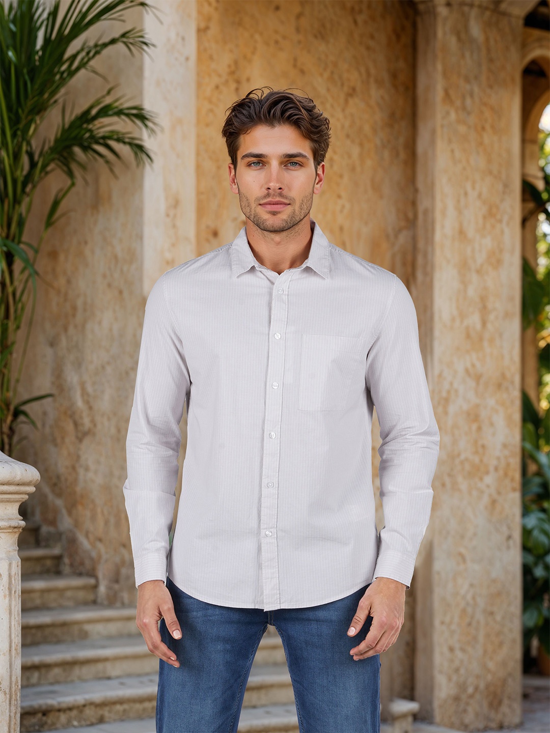 

Celio Classic Vertical Stripes Spread Collar Cotton Shirt, Beige